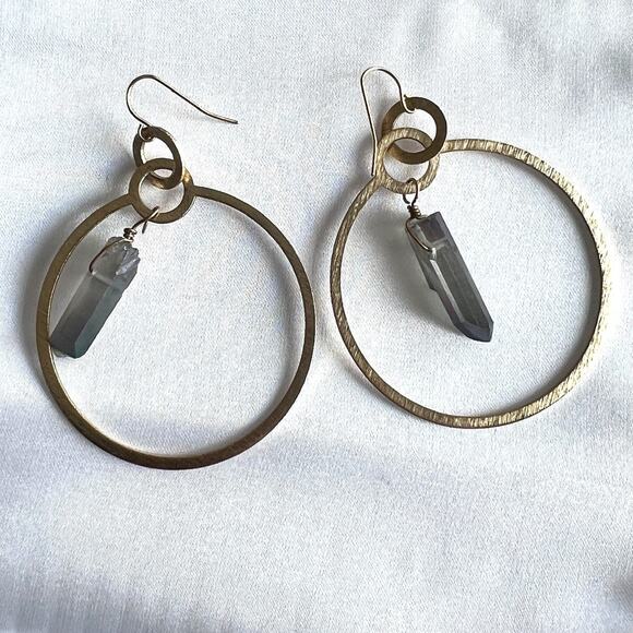 Gold-Tone Round Quartz Stone Hoop Earrings - Picture 3 of 10